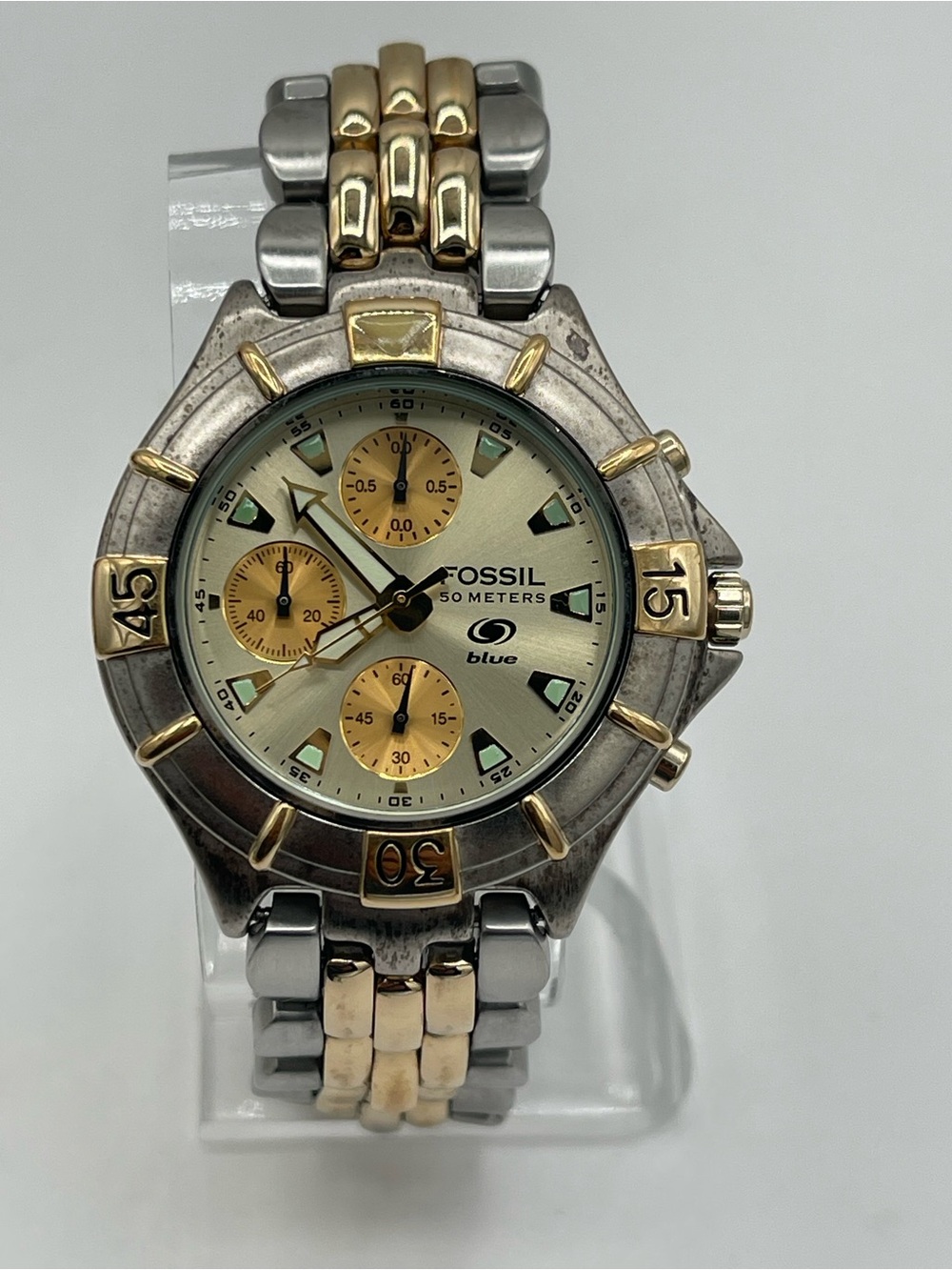 Vintage Fossil Blue Chronograph Mens Watch CH-2295 Water Resistant 50 Meters